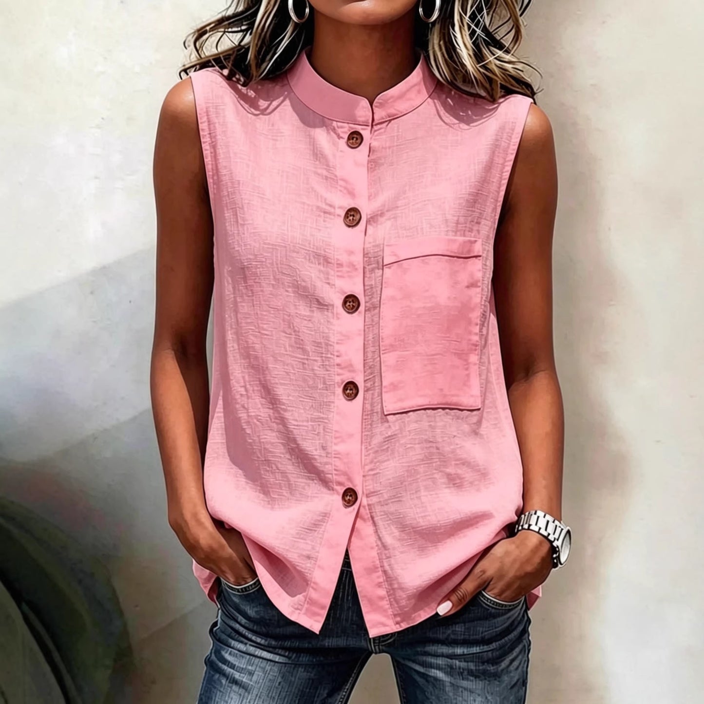 Fashionable Casual Solid-color Top With Buttoned Pockets