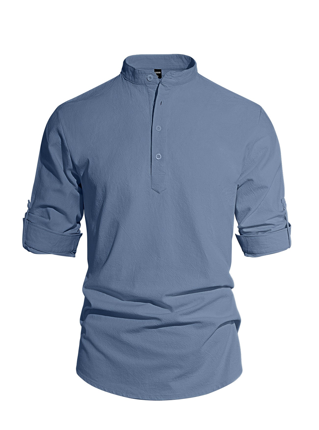 Men's Solid Color Stand Collar Long Sleeve Cotton-Linen Shirt
