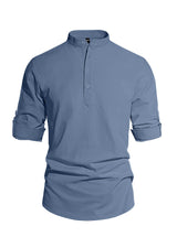 Men's Solid Color Stand Collar Long Sleeve Cotton-Linen Shirt