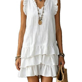 Women's Casual V-Neck Ruffle-Trim Sleeveless Dress