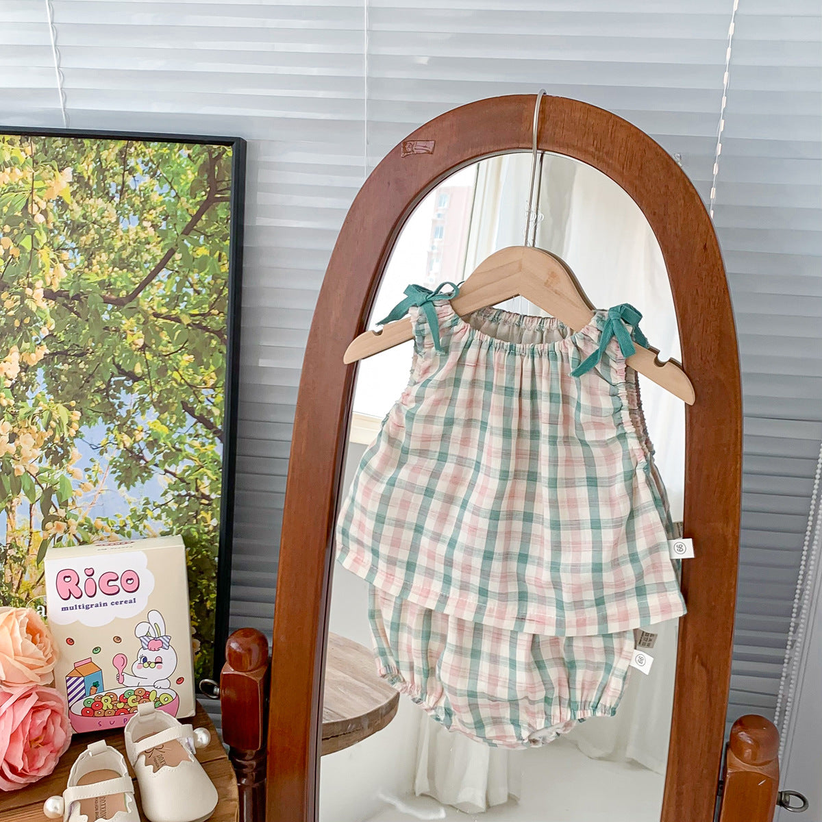 Infant Color Matching Thin Plaid Vest Shorts Set
