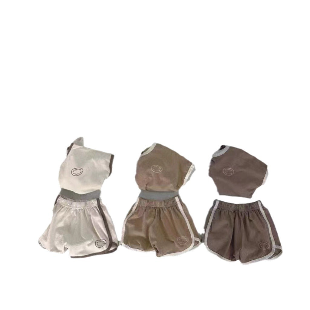 Solid Color Round Neck Short Sleeves Shorts Letter Baby Suit