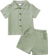 Baby Boy Cotton-Linen Solid Color Textured Fabric Lapel Collar Short-Sleeve Top Elastic Waist Shorts Set