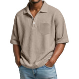 Men's Waffle-Weave Solid Color Short-Sleeve Lapel Polo Shirt
