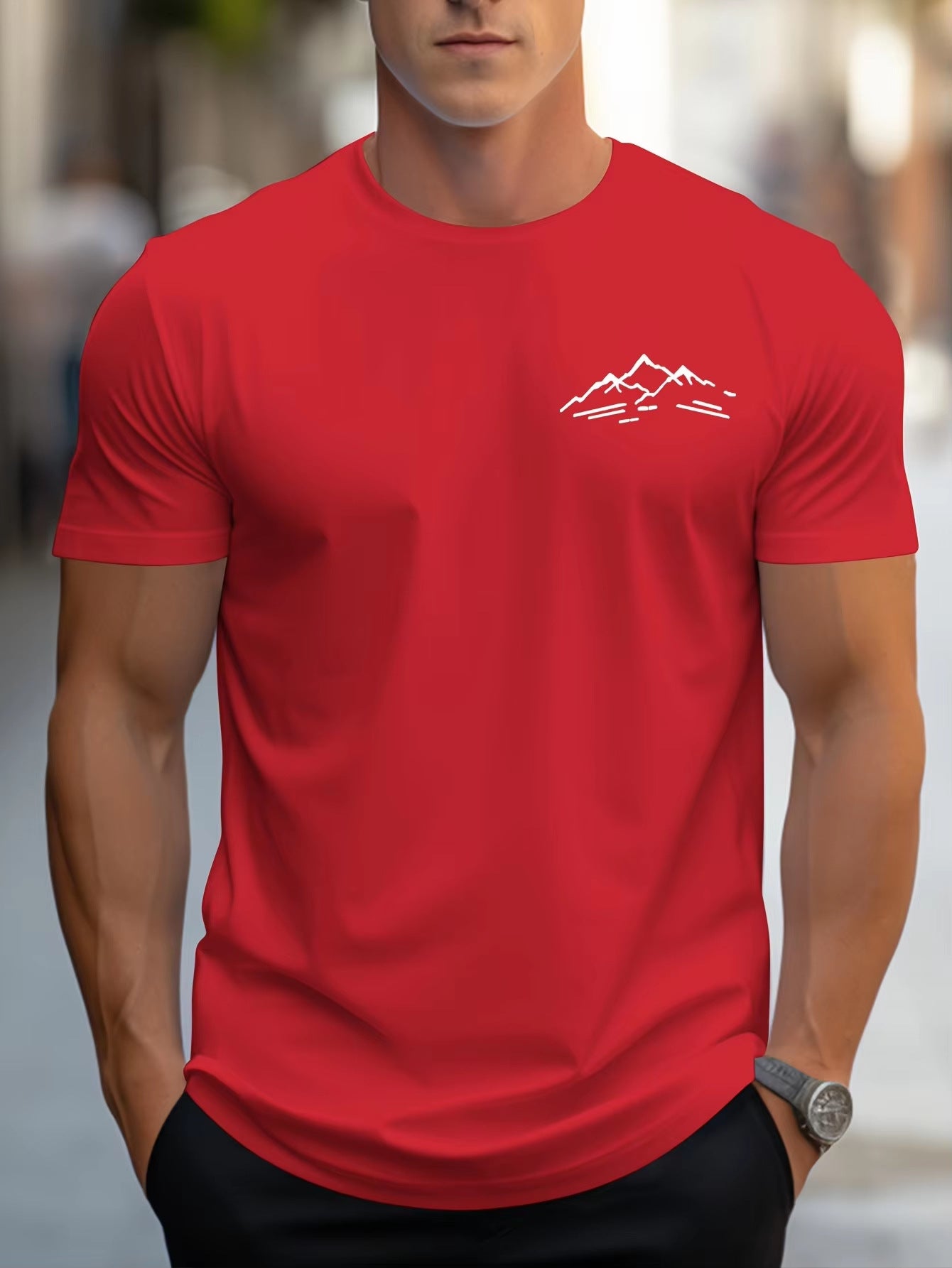 Cotton Relaxed Fit Mountain Pattern Printed Crew Neck Short Sleeve T Shirt For Sports