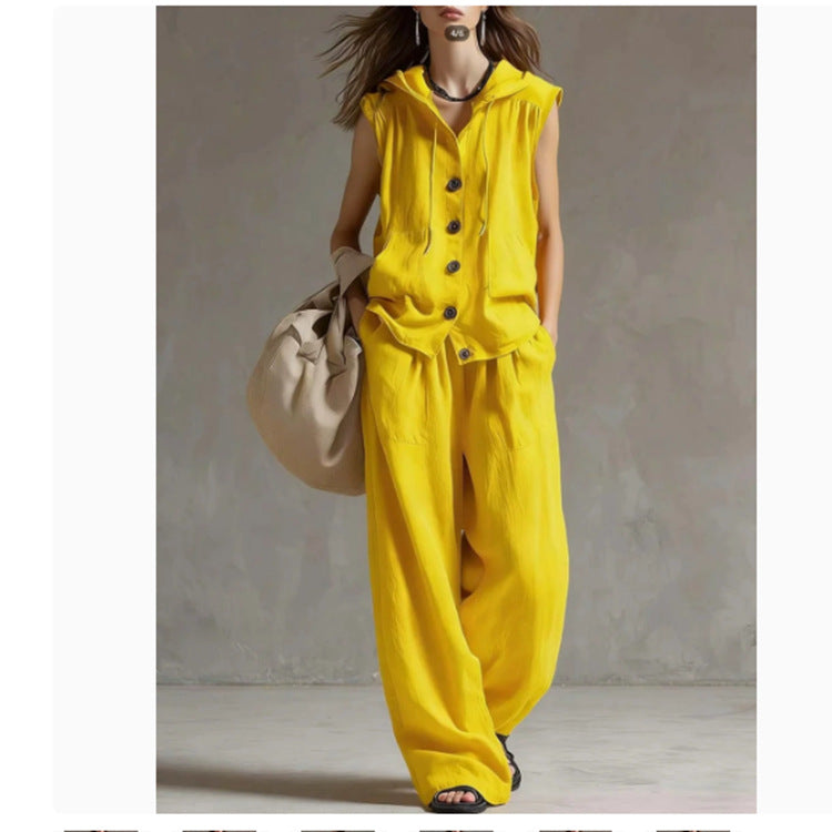 Sleeveless Loose Casual Hooded Top High-Waist Wide-Leg Pants Set
