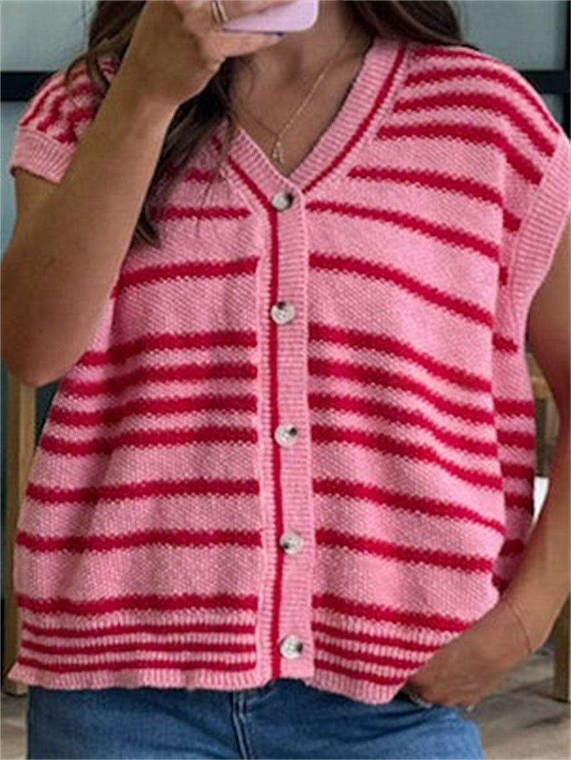 Knitted V-neck Outerwear Versatile Pullover Short-sleeve Cardigan