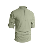 Men's Solid Color Stand Collar Long Sleeve Cotton-Linen Shirt