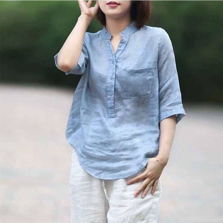 New Cotton-linen Plus-size Loose-fit Stand-collar Shirt Relaxed And Slimming