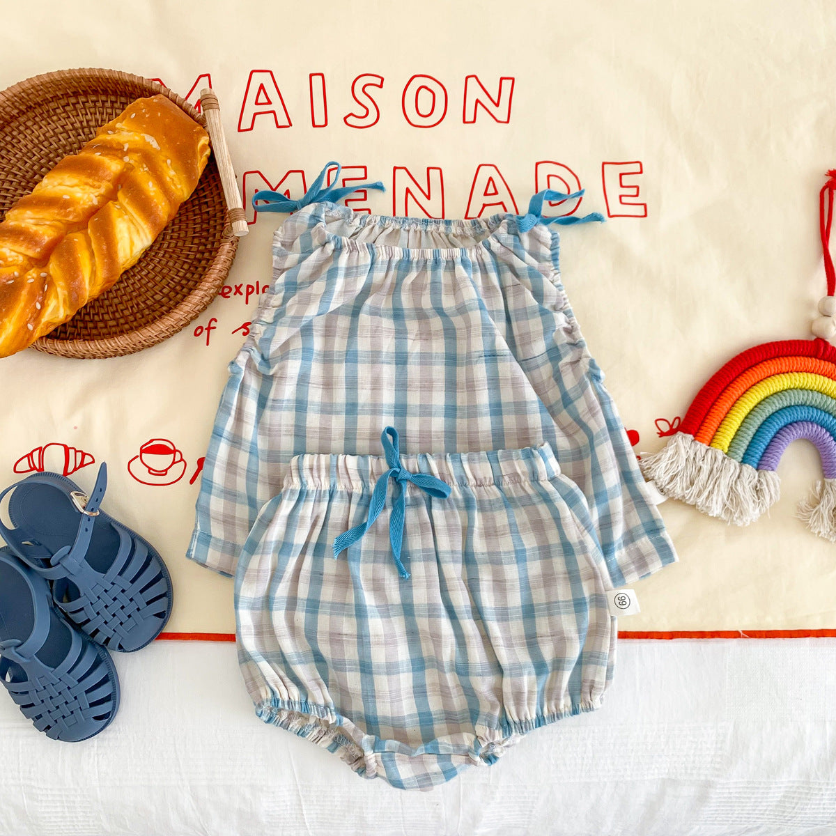 Infant Color Matching Thin Plaid Vest Shorts Set