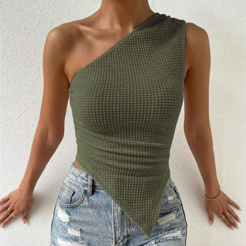 Asymmetrical Hem Knitted Sleeveless Top With One-Shoulder Design