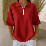 Pullover Drop-shoulder Half-zip Waffle-knit Short Sleeve