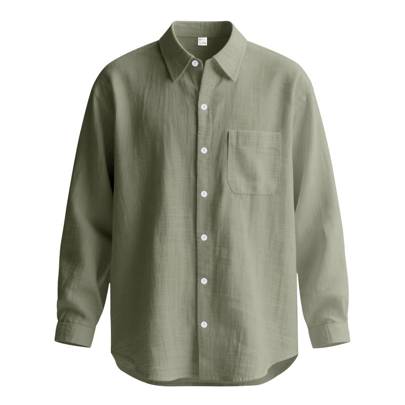 Springautumn Solid Color Cotton Linen Lapel Long Sleeve Shirt