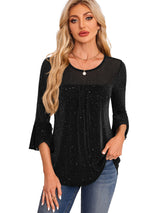 Summer Ruched Flare Sleeve Crew Neck Mesh Top Shirt