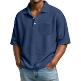 Men's Waffle-Weave Solid Color Short-Sleeve Lapel Polo Shirt