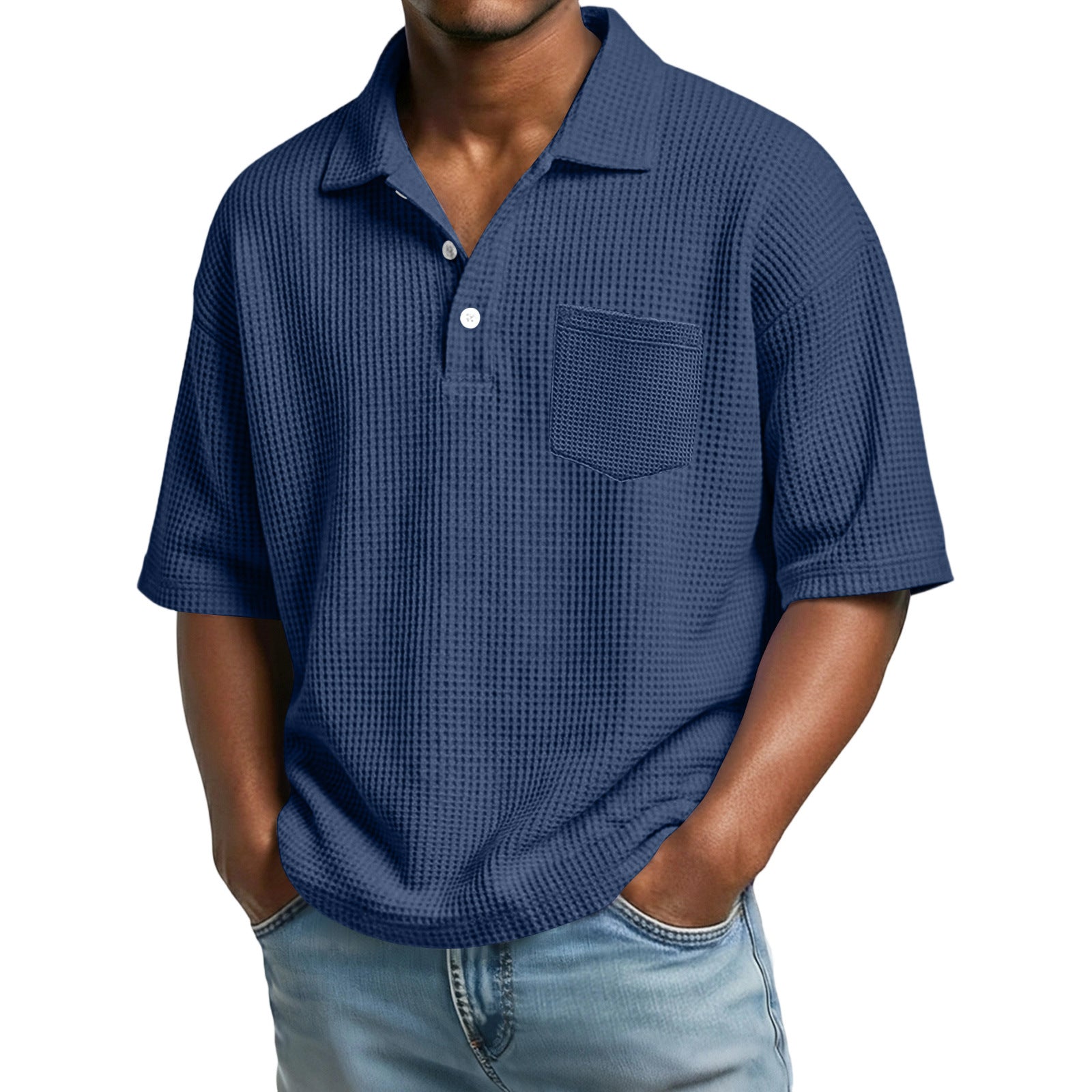 Men's Waffle-Weave Solid Color Short-Sleeve Lapel Polo Shirt