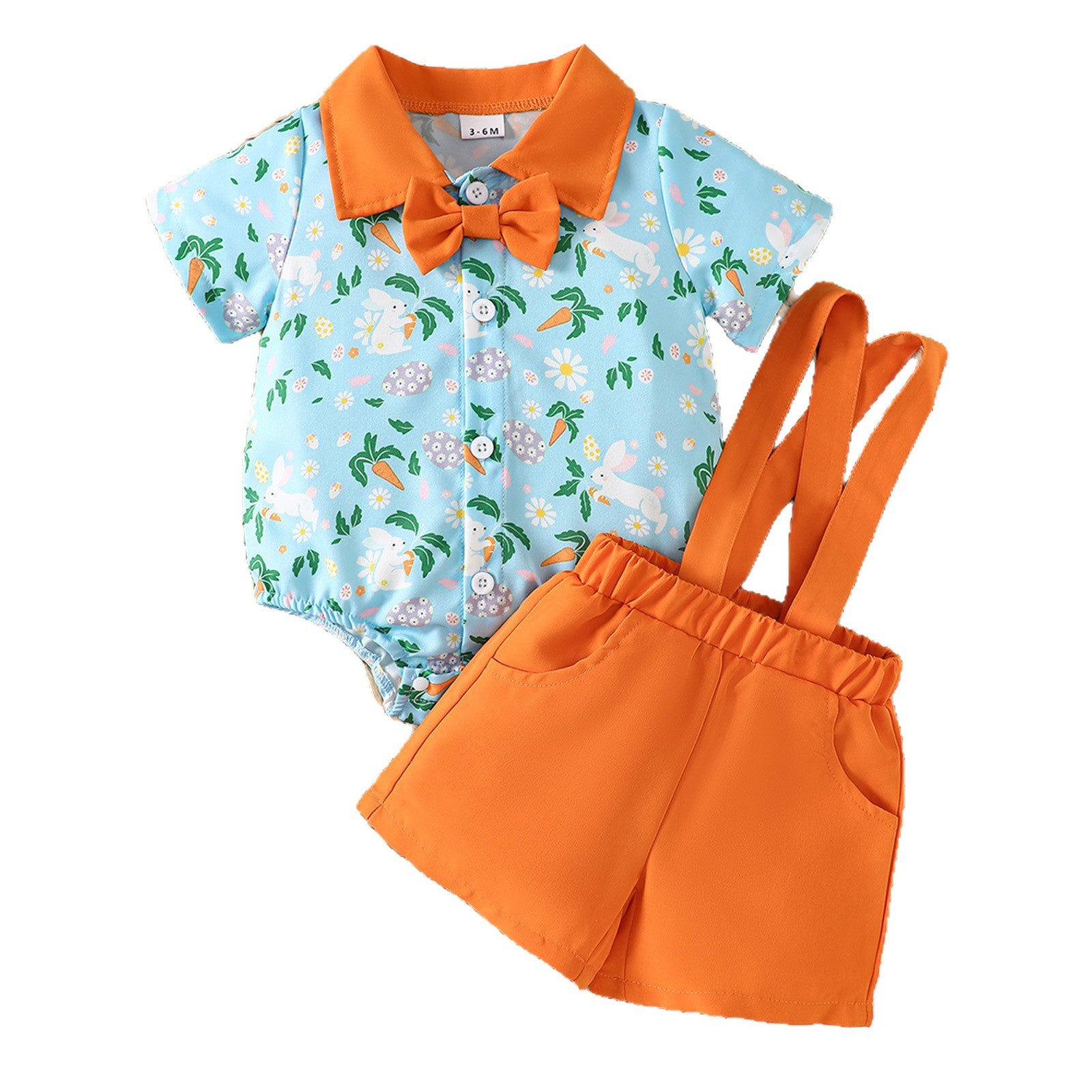 Printed Short-Sleeve Lapel Romper And Suspender Pants Set