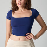 Square-neck Solid-color Cinched-waist Slim-fit Minimalist All-cotton Top
