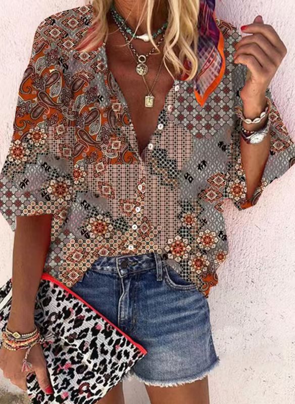 Loose-fit Button-up Retro Print Casual Shirt