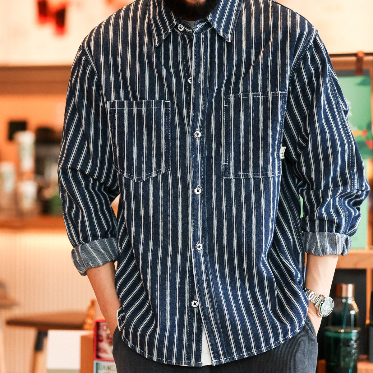 Men's Retro Casual Denim Striped Shirt
