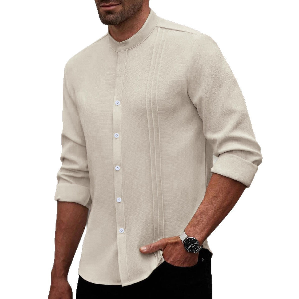 Mens SpringAutumn Small Stand Collar Striped Cardigan Solid Color Long-Sleeve Shirt