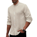 Mens SpringAutumn Small Stand Collar Striped Cardigan Solid Color Long-Sleeve Shirt