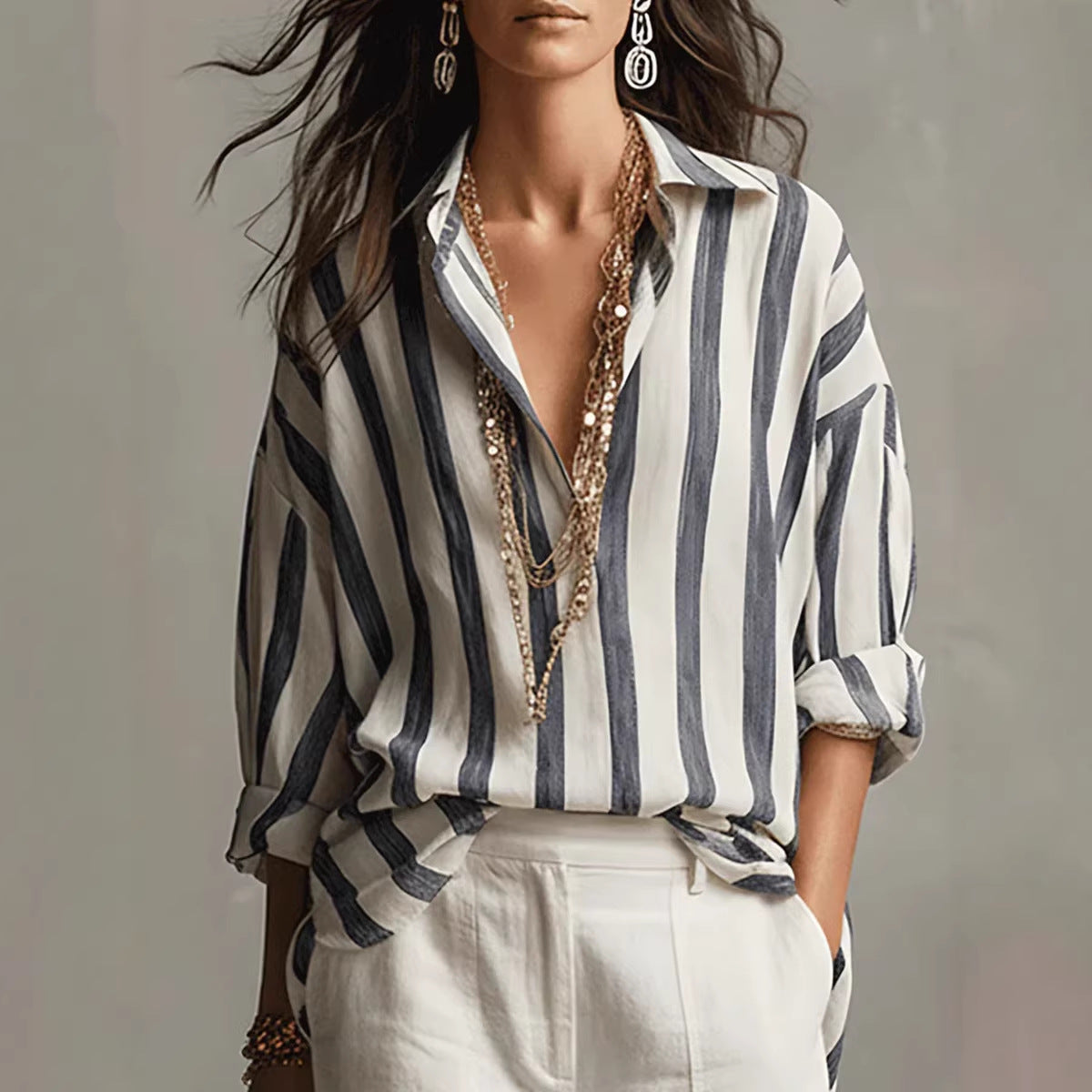Striped Lapel Collar Loose-Fit Stylish Pullover Womens Blouse