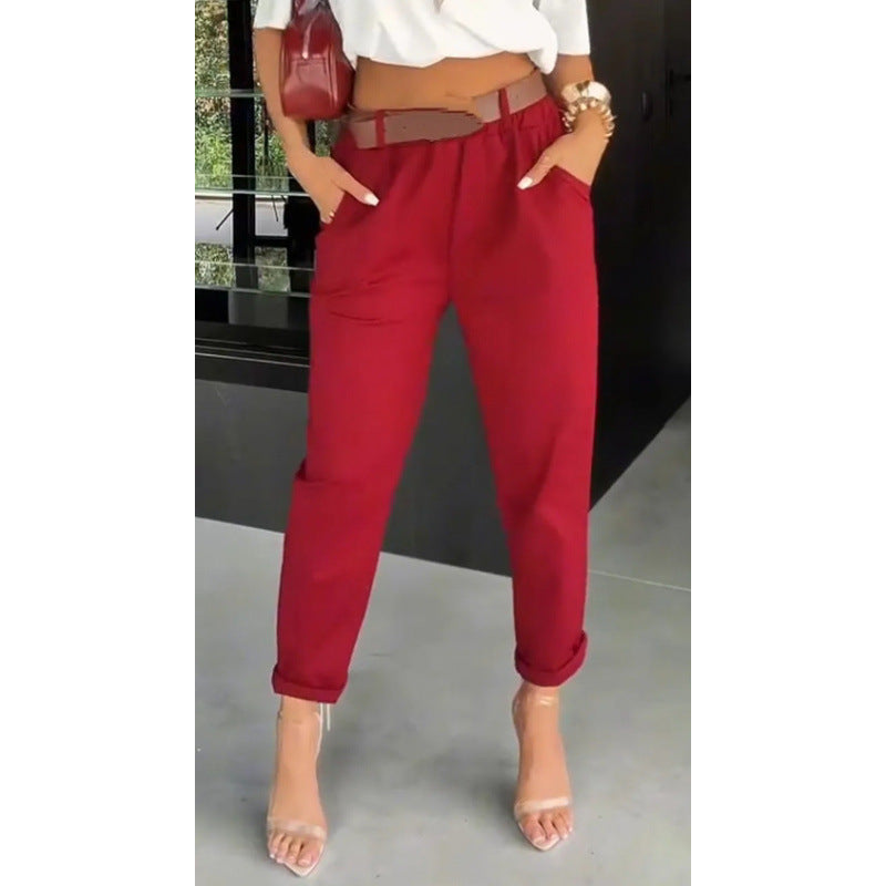New Womens Solid-color Pocketed Slim-fit Versatile Casual Pants