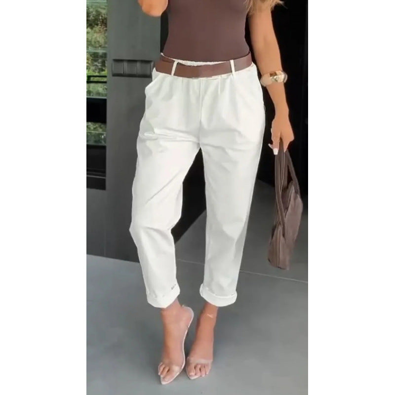 New Womens Solid-color Pocketed Slim-fit Versatile Casual Pants