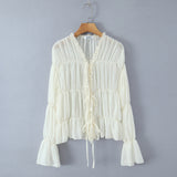 V-neck pleated strap long sleeved top