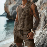 Summer New Casual Vertical Stripe Knitted Suit-Fit Slim Fit Turn-Down Collar Short Sleeve Button-Up Shirt Shorts Men's Summer Wear