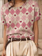 Retro Short-Sleeve Sweater Contrast-Color Jacquard Knit Top