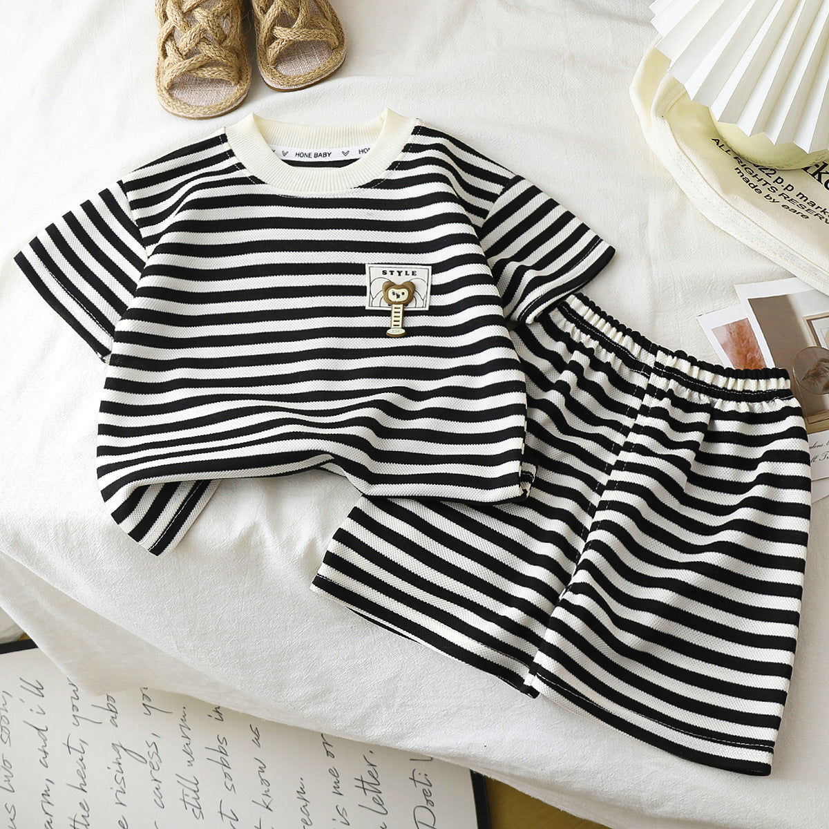 Children's Short-sleeve Set Black And White Striped Boys' T-shirt
