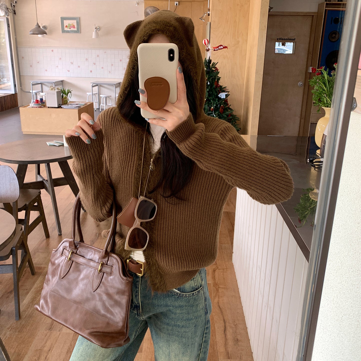 Hooded Knit Cardigan with Fur Collar and Zipper for Women