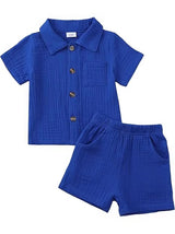 Baby Boy Cotton-Linen Solid Color Textured Fabric Lapel Collar Short-Sleeve Top Elastic Waist Shorts Set