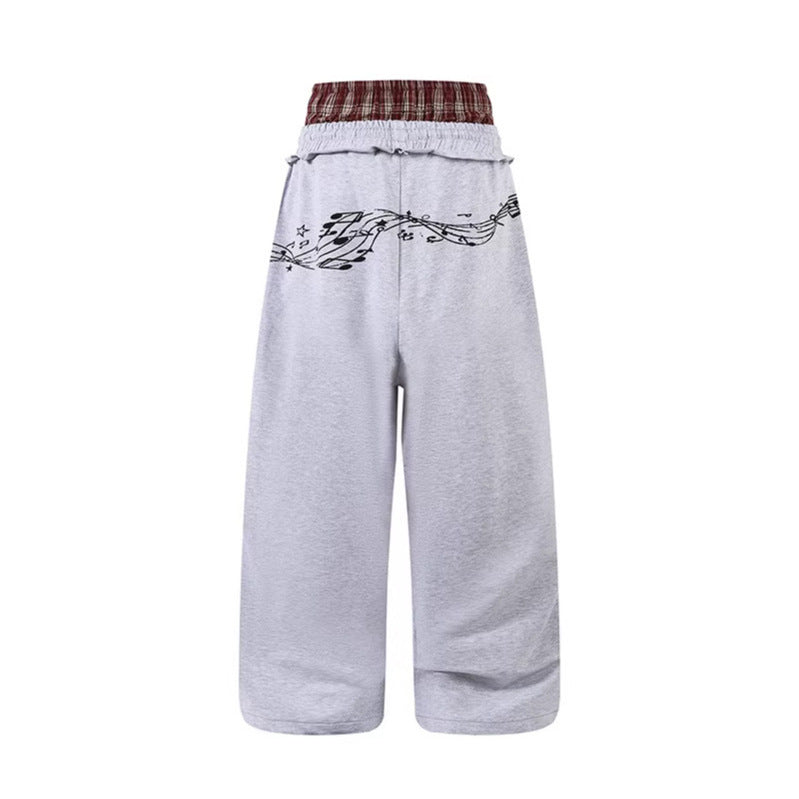 Double Waistband Design Spring Casual Wide Leg Pants with Music Note Graffiti Loose Fit