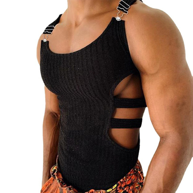 Hollow-out Solid Color Elastic Fitted Sleeveless Vest for Men ndash; Streetwear Sporty Casual Workwear-Inspired Top