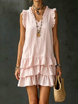 Women's Casual V-Neck Ruffle-Trim Sleeveless Dress