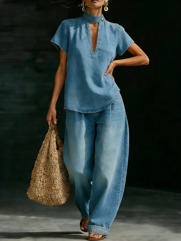 Solid-color Short-sleeve Casual Loose-fit Faux Denim Two-piece Set