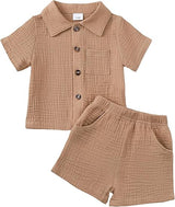 Baby Boy Cotton-Linen Solid Color Textured Fabric Lapel Collar Short-Sleeve Top Elastic Waist Shorts Set