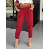 New Womens Solid-color Pocketed Slim-fit Versatile Casual Pants