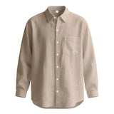 Springautumn Solid Color Cotton Linen Lapel Long Sleeve Shirt