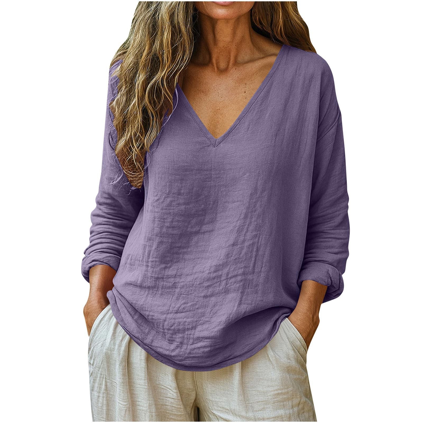 Fashionable Cotton-Linen Long-Sleeve V-Neck Top