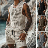 Summer New Casual Vertical Stripe Knitted Suit-Fit Slim Fit Turn-Down Collar Short Sleeve Button-Up Shirt Shorts Men's Summer Wear