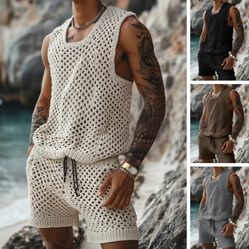 Summer New Casual Vertical Stripe Knitted Suit-Fit Slim Fit Turn-Down Collar Short Sleeve Button-Up Shirt Shorts Men's Summer Wear
