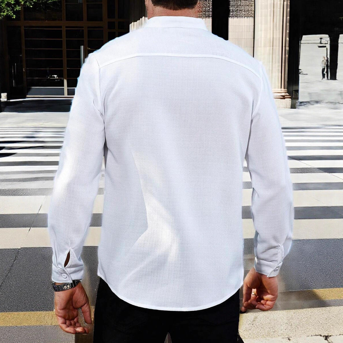 Mens SpringAutumn Small Stand Collar Striped Cardigan Solid Color Long-Sleeve Shirt