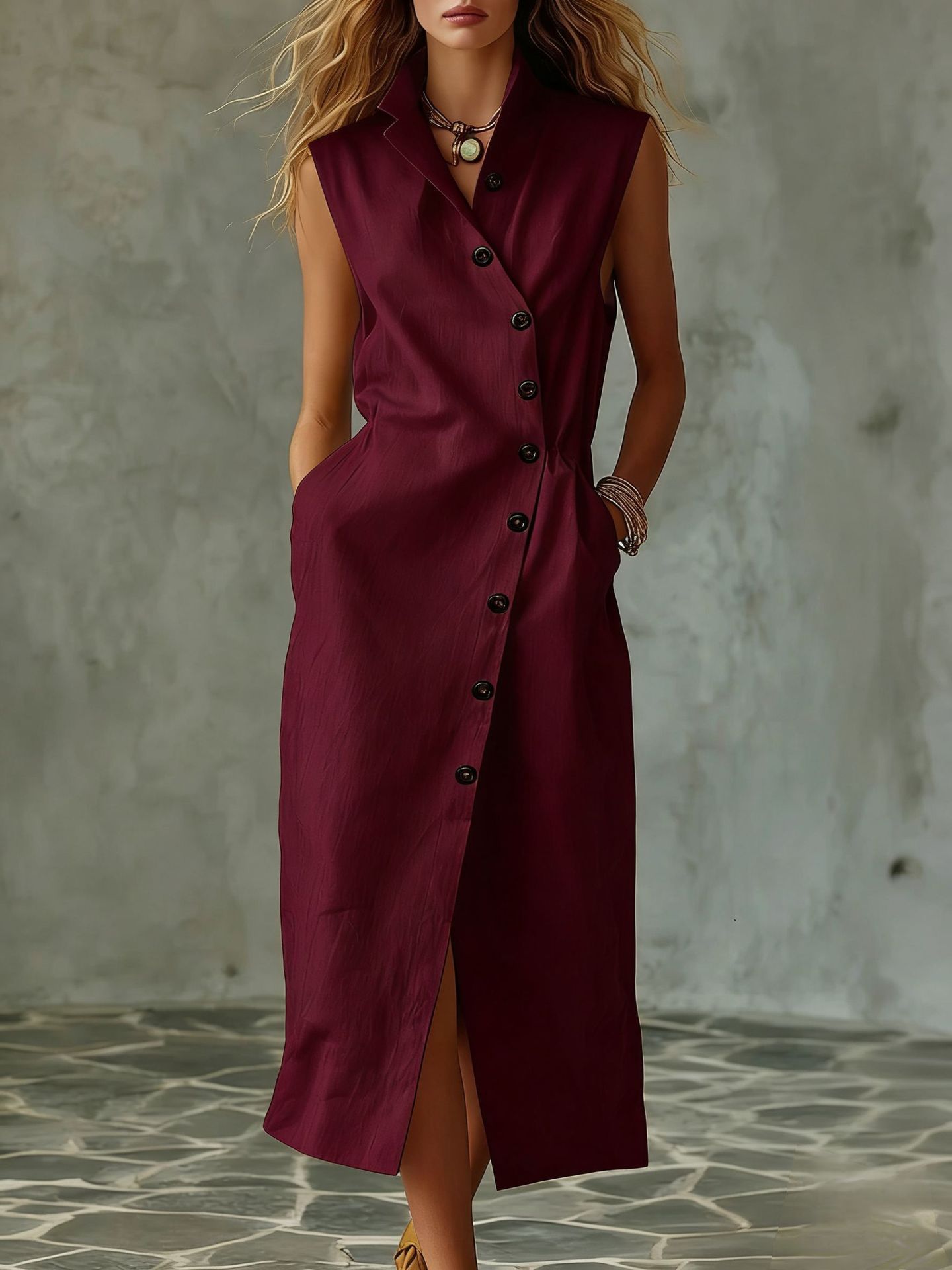 Slim-fit Elegant Single-breasted Dress With A Stand-up Collar For Women