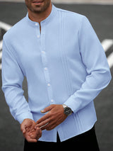 Mens SpringAutumn Small Stand Collar Striped Cardigan Solid Color Long-Sleeve Shirt