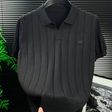 Men's Green Vertical Rib Knit Polo Shirt, Johnny Collar Short Sleeve Casual Top