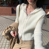Hooded Knit Cardigan with Fur Collar and Zipper for Women